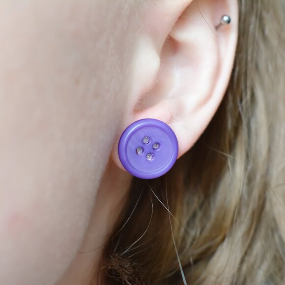 Deep Purple Button Stud Earrings - Picture 4 of 5